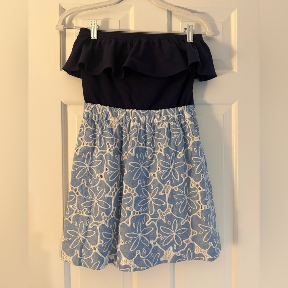 Lilly Pulitzer Navy and Light Blue Floral Strapless Dress
